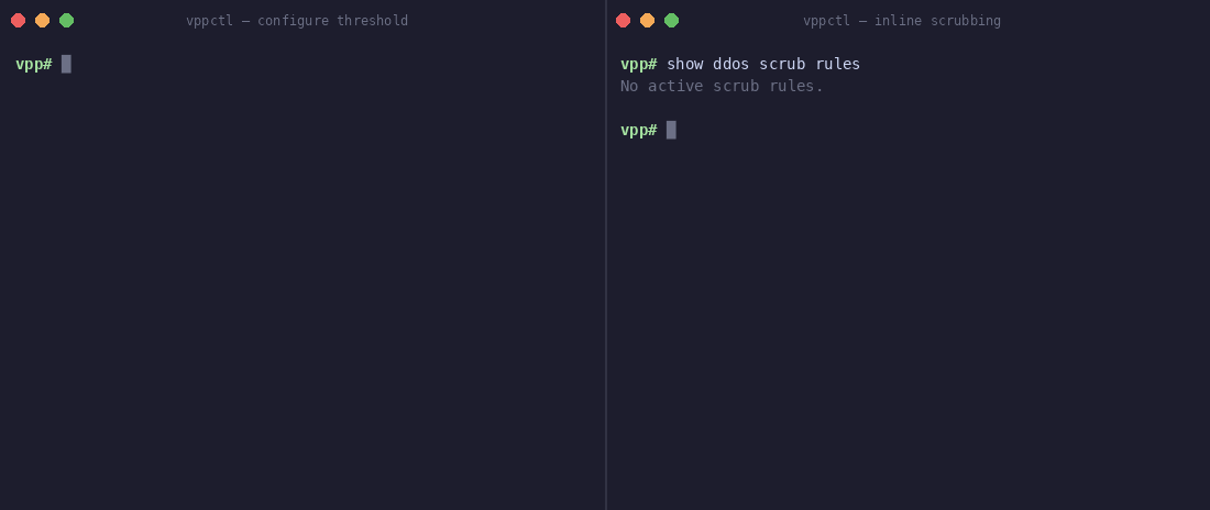vpp-ddos — threshold configured for 10.1.0.0/24 at 500K PPS; attack arrives, threshold goes ACTIVE, scrub rule auto-installs, drop counter ticks to 7.4M packets