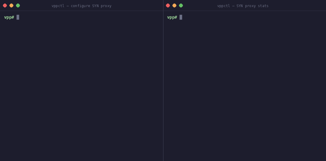 vpp-ddos SYN proxy — backend 10.1.0.1:80 → 10.1.1.1:80 configured, 5 SYNs intercepted and SYN-ACKs sent, 3 bot ACKs with invalid cookies rejected inline