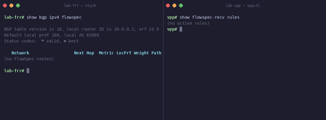 vpp-flowspec-recv — FRR announces 5 FlowSpec routes, VPP installs drop and rate-limit rules in real time