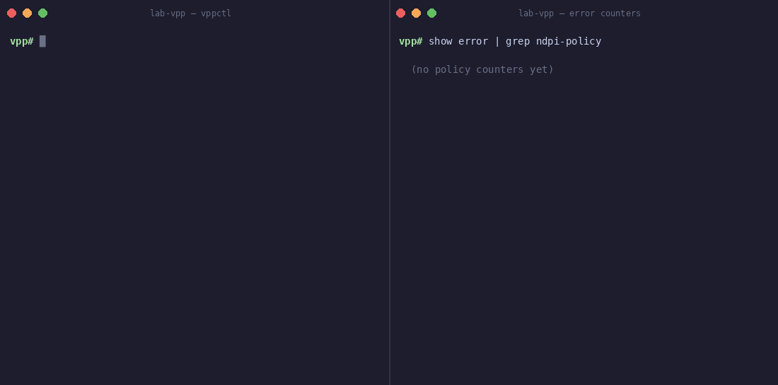 Policy enforcement demo — BitTorrent/TikTok/Facebook dropped, YouTube permitted; drop/permit counters growing live