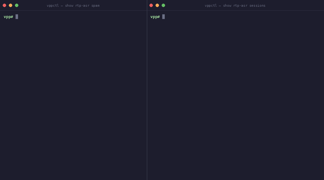 vppctl split screen — left: show rtp-asr spam listing spam hits, thresholds, and 12 default keywords; right: show rtp-asr sessions with per-session spam score and decision (clean / SPAM?)