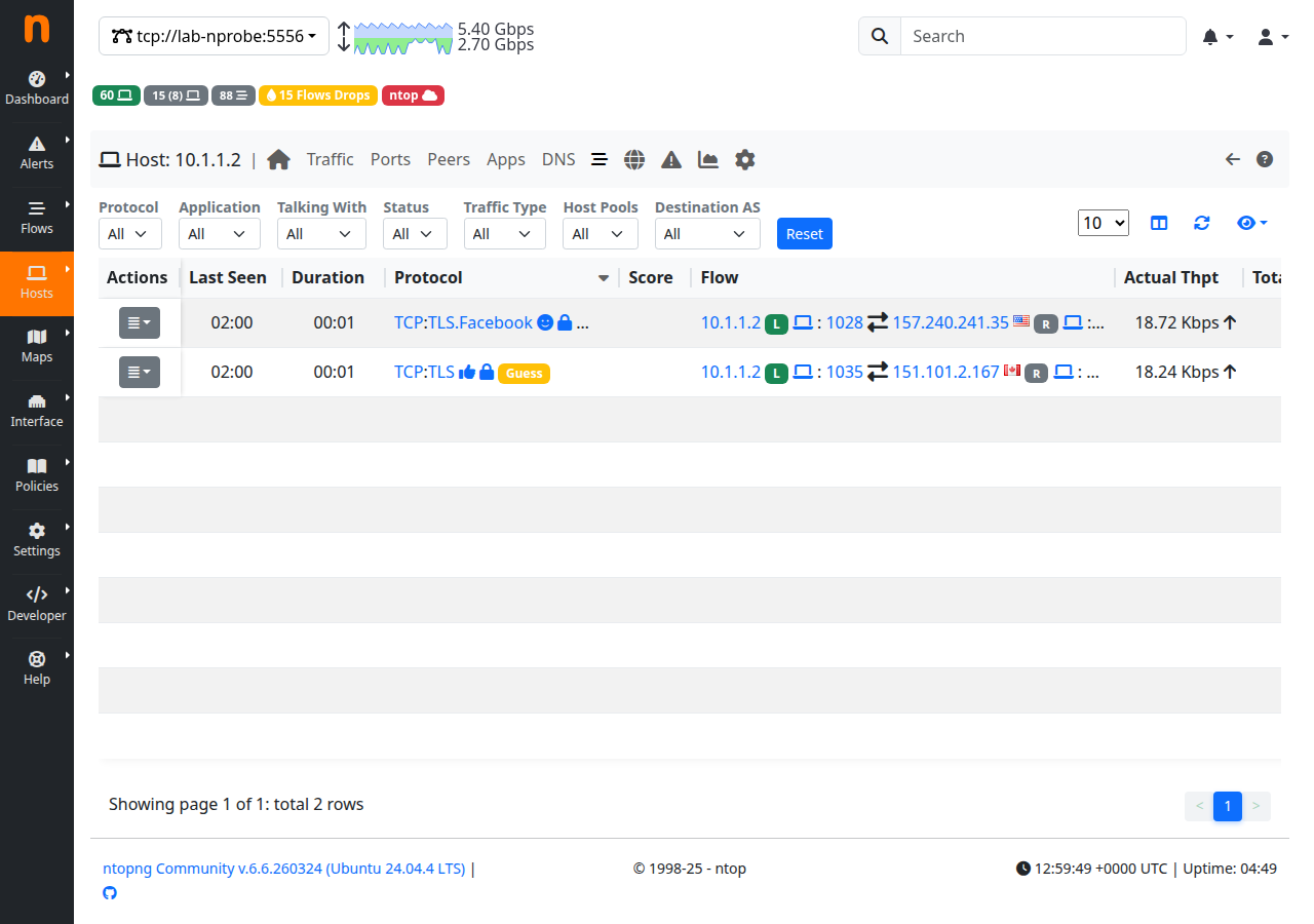 ntopng live flow browser receiving IPFIX from VPP via PacketLens